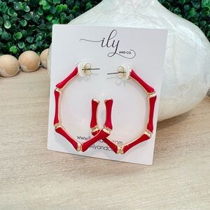 New Red Enamel Bamboo Hoop Earrings | Grandmillennial | Gold Tone | Lightweight